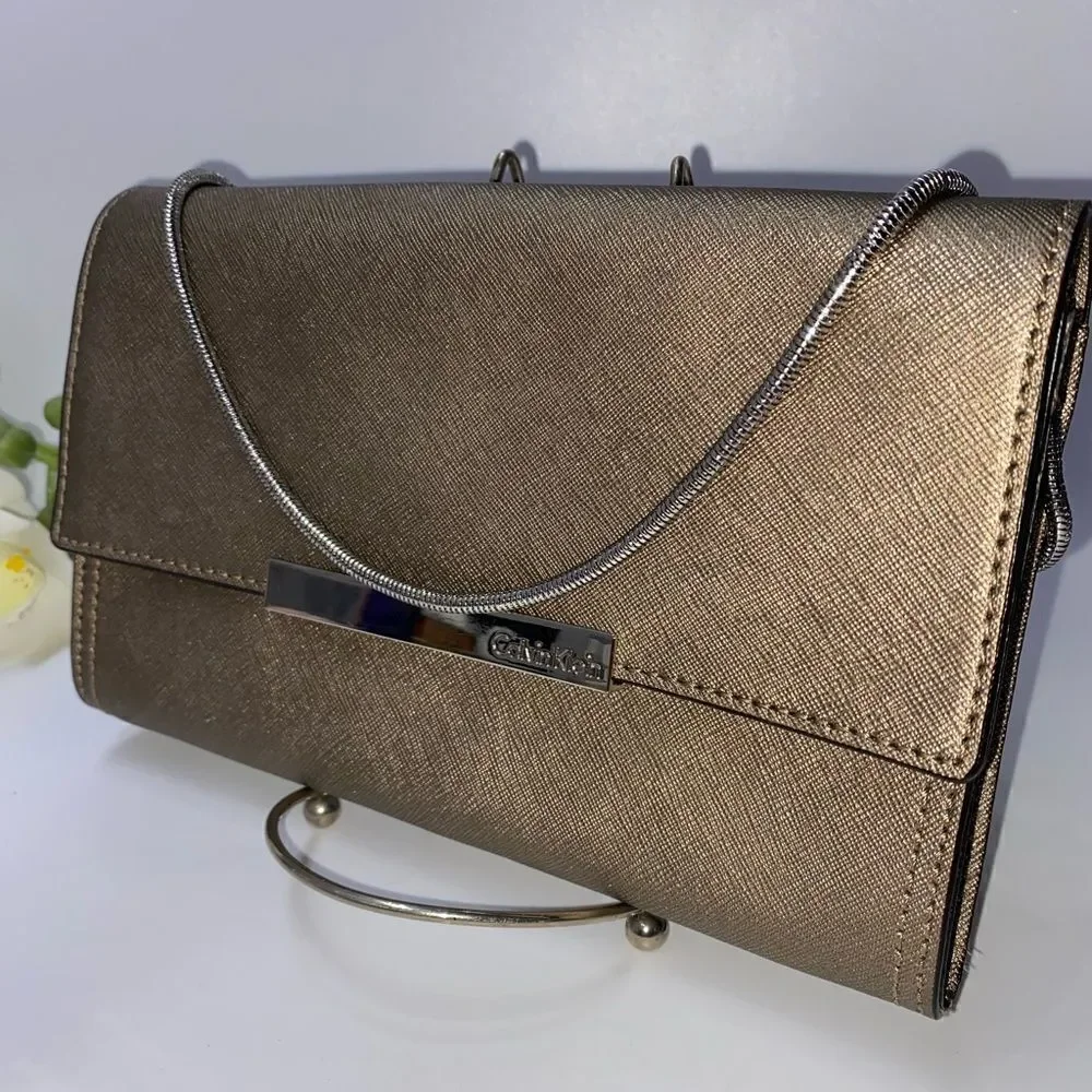 Calvin Klein Saffiano Leather Shoulder Purse Gold Small